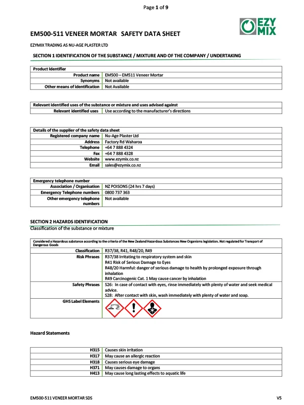 Em 500 - 511 Veneer Mortar Msds V6