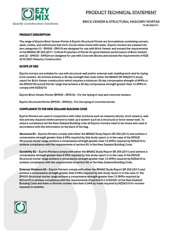 Ezymix Product Technical Statement For Veneer And Structural Mortars